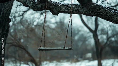 Empty swing hanging from tree branch against blurred background
