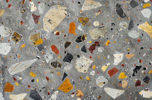 Photo of Grey terrazzo pattern on floor surface. Background texture for backdrops or mapping