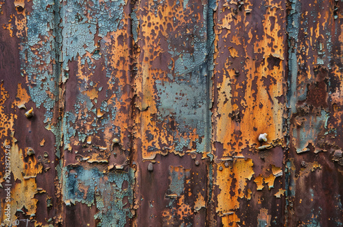 Photo of Old corroded and rust metal surface with peeling pieces. Background texture for backdrops or mapping