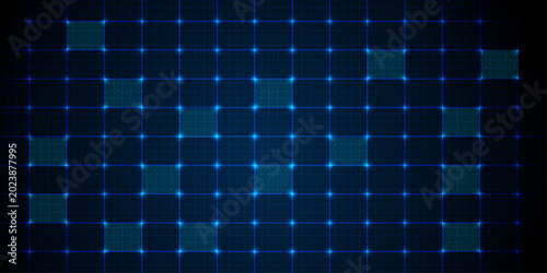 Abstract dark blue grid pattern with glowing light dots and geometric square shapes for digital technology background