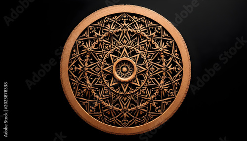 A circular, intricately carved wooden mandala is presented against a stark black background