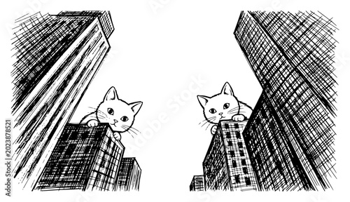 Bild auf Leinwand Giant cats peeking over tall city skyscrapers in low angle architectural sketch