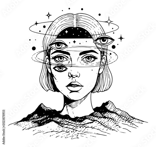 Foto Woman face with multiple eyes and orbiting planets rising from mountains in surr