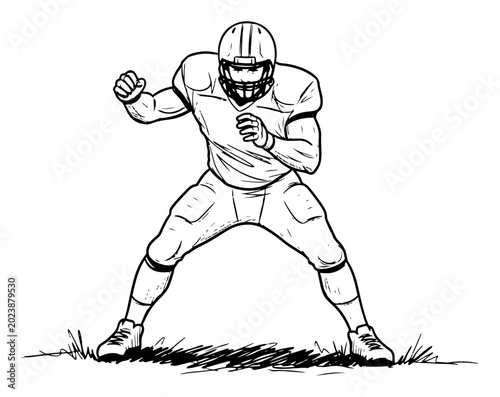 Photography American football player in defensive stance on field in hand drawn sketch style