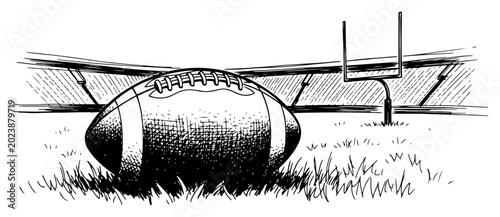 American football ball on grass field with stadium background in hand drawn engraving style