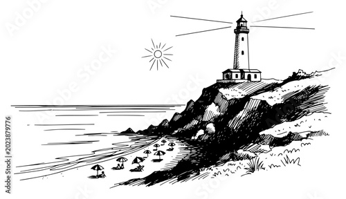 Lighthouse on a rocky cliff overlooking a sandy beach with umbrellas sketch style