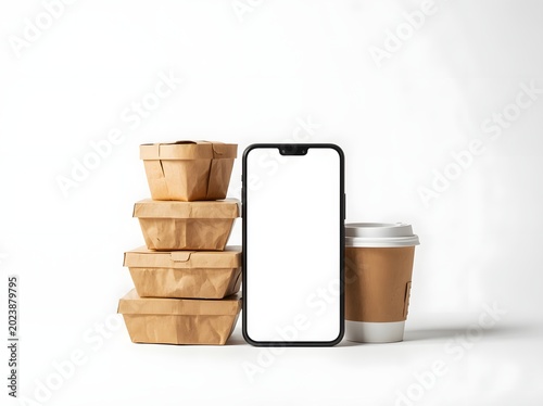 Food Delivery App Mockup with Smartphone and Kraft Packaging Isolated on White Background