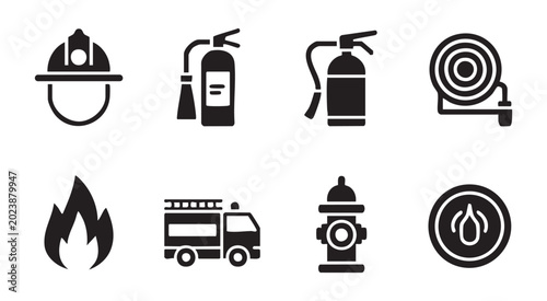 Fotografie Firefighter equipment icons set including helmet extinguisher hose truck hydrant and flame symbols