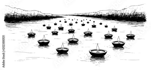 Tableau sur toile Floating oil lamps on river water surface in hand drawn sketch style