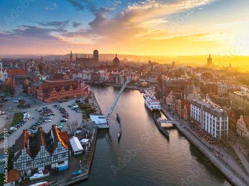 Beautiful Gdansk over the Motlawa river at sunset. Poland