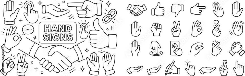 Fototapeta premium Human Hand Gestures. Clean outline banner scene of hand gesture communication: two hands in handshake with oversized pointing hand and thumbs up as main objects, small stop palm, touch finger, open