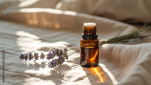 Amber glass bottle of essential oil with lavender flowers on a bed with soft natural sunlight streaming