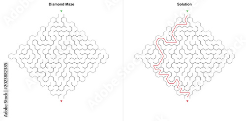 Bild auf Leinwand Rhombus honeycomb maze and solved track in simple drawing style, black and white