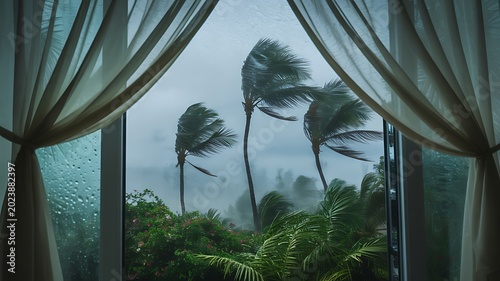 View through a window of palm trees swaying violently in a tropical storm with heavy rain and wind gusts