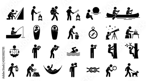 Collection of camping outdoor and recreation stick figures depicting various activities and gear in nature