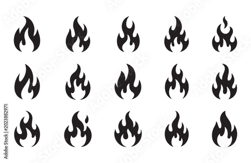 Black silhouette flame icon collection representing heat energy power and combustion graphic design.