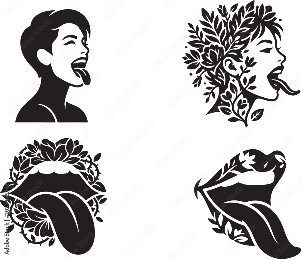 Fototapeta premium Classical statue bust and expressive mouth vector illustration set