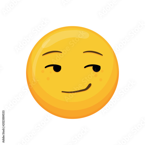 Obraz na plátně Sly and smirking yellow cartoon emoji with a clever half smile looking aside