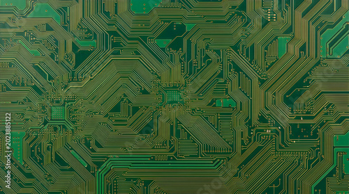 Green electronic circuit board motherboard texture for high tech computing and digital technology engineering frontal view background perfectly high resolution