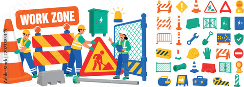 Road Work Safety banner with two road workers and one safety manager placing an oversized construction barrier and giant warning sign across the full canvas, traffic cone touching left edge, fenced