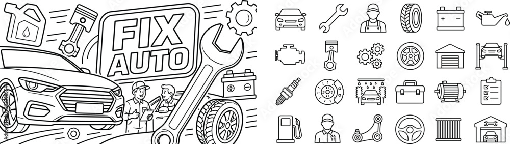 Fototapeta premium Auto Service Repair. Clean outline banner composition with oversized car front and wrench as the main objects filling left and right edges, 2 characters maximum including mechanic and driver,