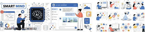 Mind Machine. Editorial banner about artificial intelligence, AI text generation, photo creation, document processing, chat assistant, algorithms, automation, machine vision, data processing, robot,