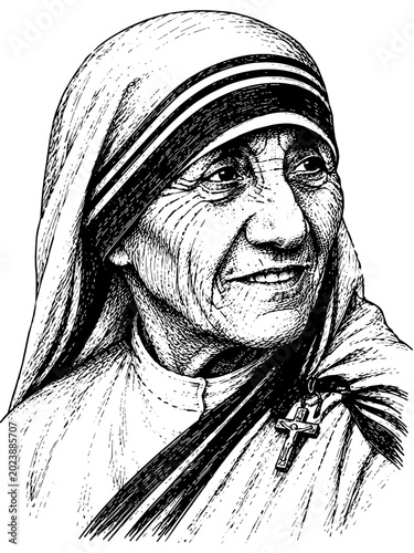 Bild auf Leinwand Mother Teresa Hand-Drawn Ink Vector Portrait Illustration Isolated on Transparen