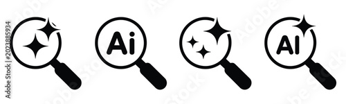 AI Search Magnifying Glass Icons: A collection of magnifying glass symbols with sparkles and AI lettering for technology search concepts. artificial intelligence icons, smart detection.
