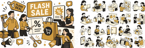 Discount Sale Offers banner, clean focused retail sale scene with three shoppers around a large oversized coupon card and a large shopping bag, one character holding gift card, one character cutting