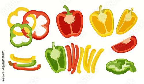 Quadro su tela Sliced pepper vector illustration fresh bell pepper pieces isolated on white bac