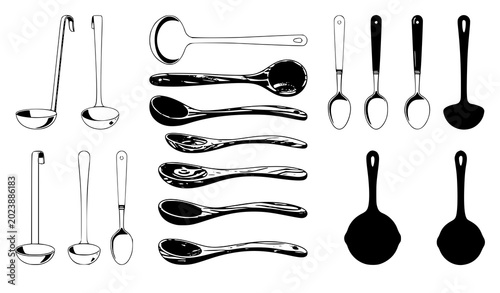 Canvastavla Different ladles collection vector illustration kitchen serving utensil set isol
