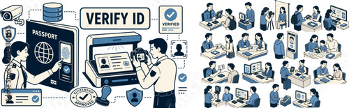 Passport ID Verification banner, clean focused identity document scene with two verification officers beside a large oversized passport and a large ID card scanner, one character checking biometric