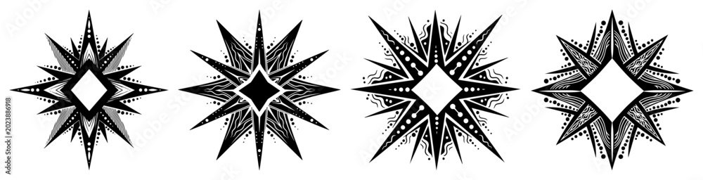 Obraz premium Star and diamond shapes with detailed tribal patterns in geometric ethnic style