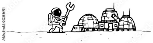 Foto Astronaut repairing moon base station with giant wrench in hand drawn doodle sty