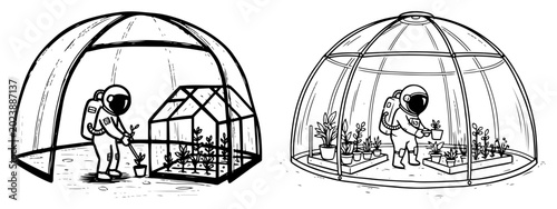 Foto Space colonists farming in glass biodomes on a planetary surface line art style