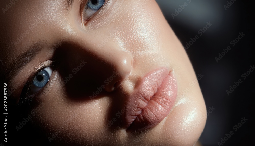 Fototapeta premium Close-up of a young woman's face with blue eyes and full lips, natural makeup, soft lighting, and clear skin detail