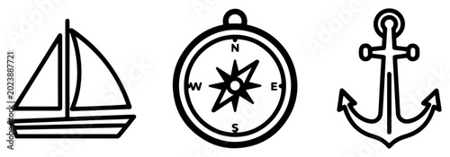 Foto Sailing and nautical equipment set with sailboat compass and anchor in minimalis