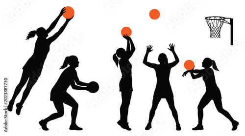 Silhouette group of women playing netball with orange balls in this dynamic action sports photograph