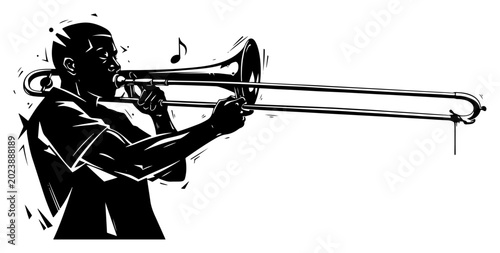 Bild auf Leinwand Musician playing trombone instrument in expressive black and white ink style