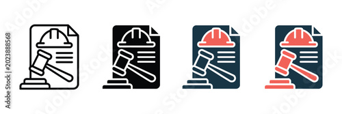Construction legal compliance vector icon set featuring hard hat document and gavel symbols for architecture industry regulations and safety standards