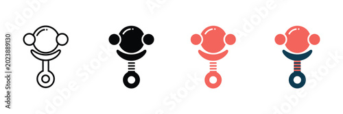 Baby rattle toy icon set featuring linear black solid silhouette and colorful flat graphic design styles for infographics