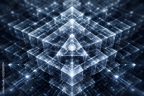 Abstract minimalist visualization of luminous cubic elements in a recursive pattern