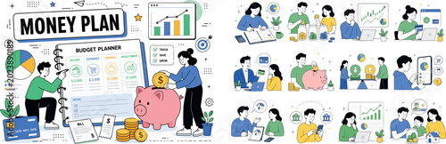 Money Management. Money management, budgeting, saving, expenses, income, finance planning and investment. Clean editorial banner with one personal finance scene: 2 geometric characters arranging an