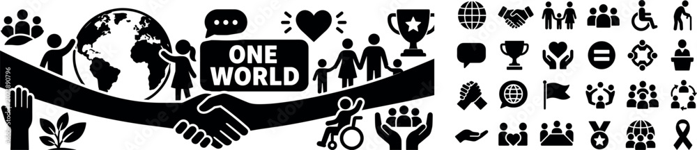 Naklejka premium Global Community Teamwork Series. Solid black filled banner with one inclusive community scene, two people beside oversized globe and handshake stretching across full canvas edges, family group,
