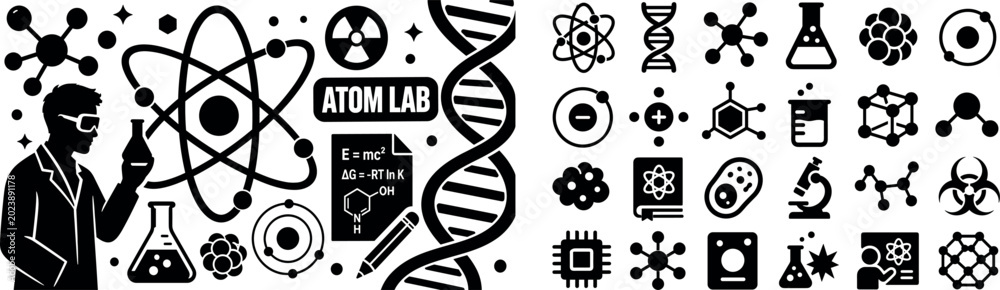 Fototapeta premium Atomic Molecular Science Series. Solid black filled banner with one science education scene, one researcher beside oversized atom and DNA helix reaching all four edges, molecule cluster, chemical