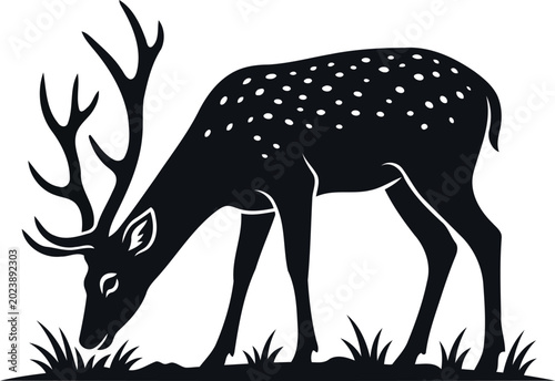 Bild auf Leinwand Grazing Spotted Deer Silhouette – Minimalist Stag with Antlers Eating Grass Vect