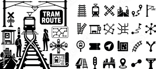 Rail Tram Infrastructure. Clean solid filled banner composition of rail and tram transit infrastructure with two commuters beside an oversized tram track switch and large overhead wire structure