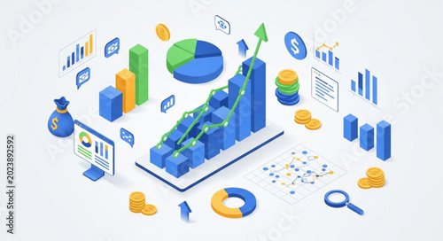 Business growth and financial analysis isometric illustration.