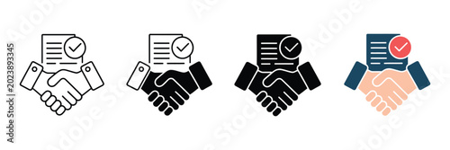 Business agreement handshake icons set featuring document signing and approval checkmark symbols in linear and flat colorful vector styles