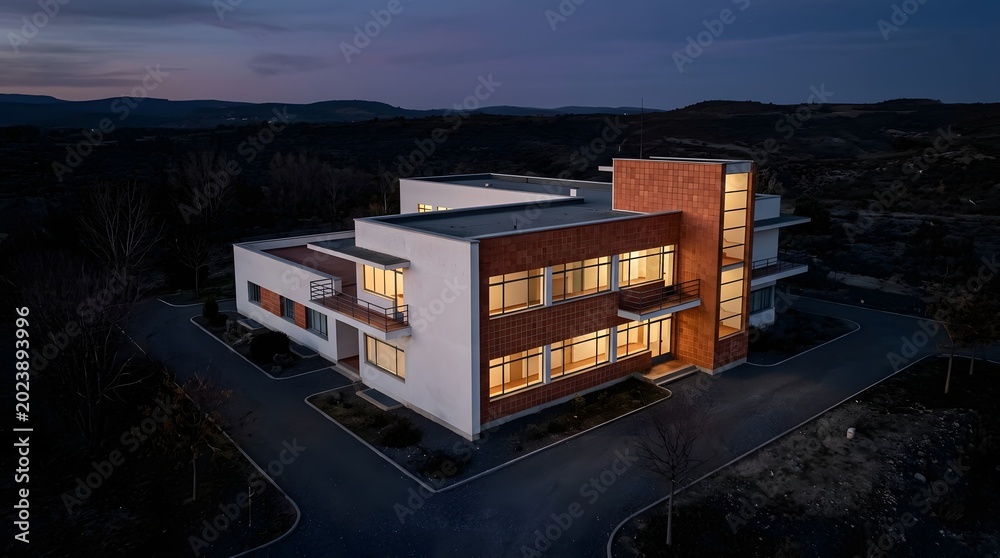 Fototapeta premium Modern contemporary house design at twilight in rural landscape